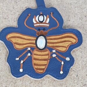 saks fithe ave Blue Leather Queen Bee Embroidered Bag Charm Luggage Tag Gold